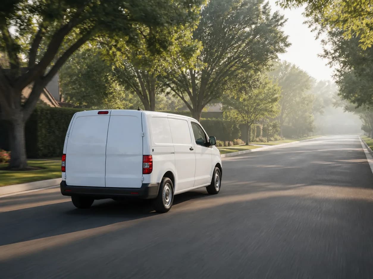 Service van driving along a tree-lined suburban road between jobs