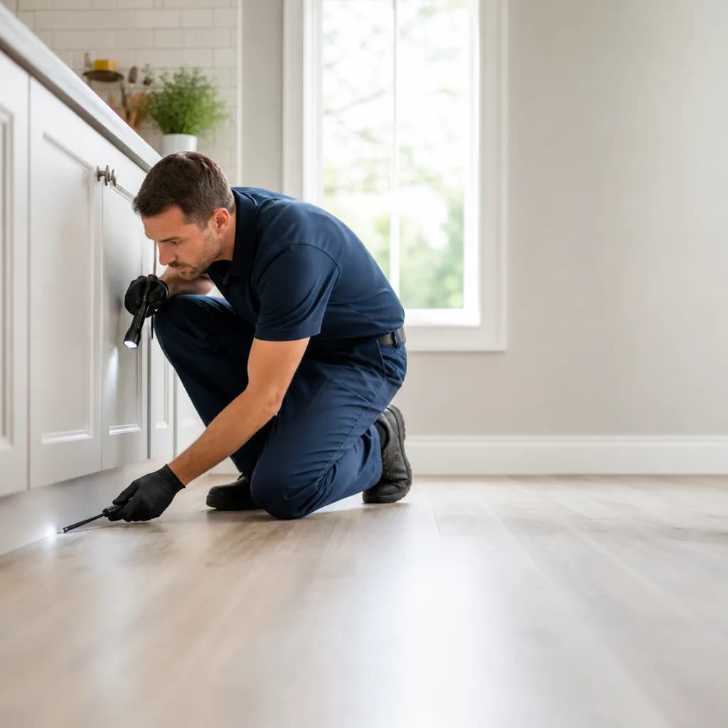 Technician inspecting a kitchen baseboard with a flashlight during a service visit